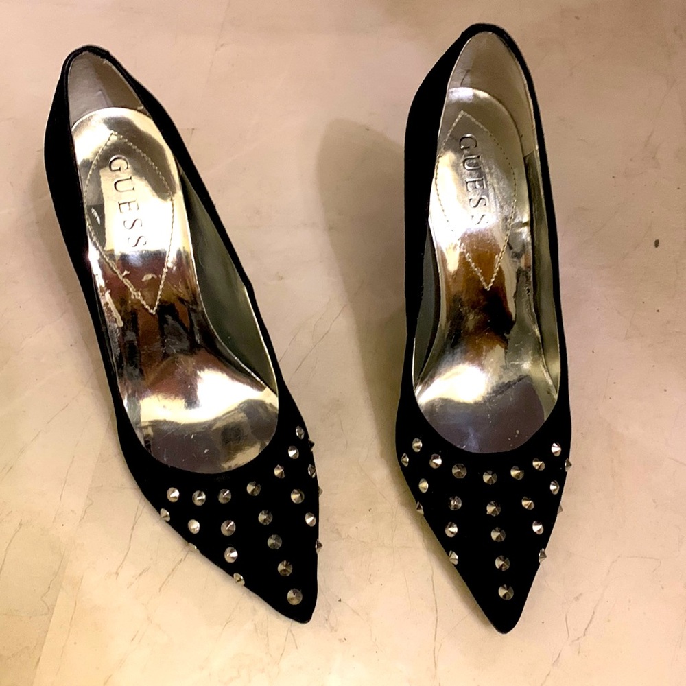 Guess  Sz 6 Black Suede Leather studded heels
